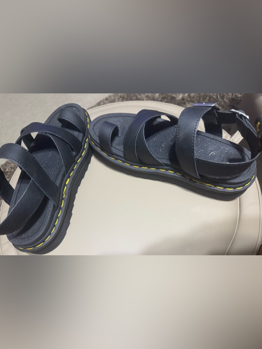 Dr. Martens Women Black Leather Sandals with Yellow Stitching - Picture 3 of 5
